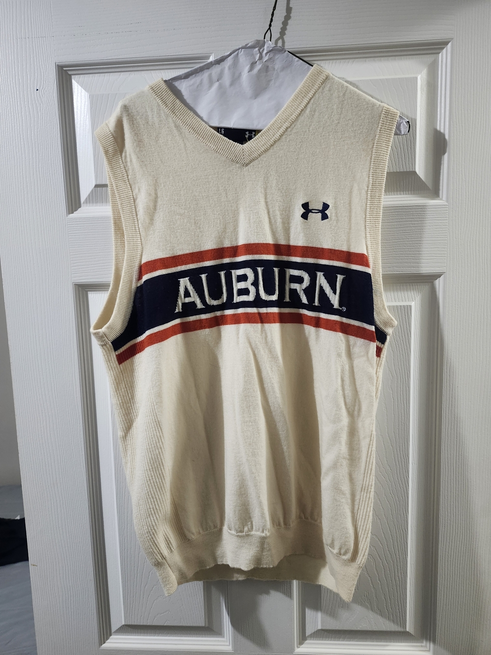 Under Armour Cream Sleeveless Auburn Knit Vest with Navy & Orange Stripes